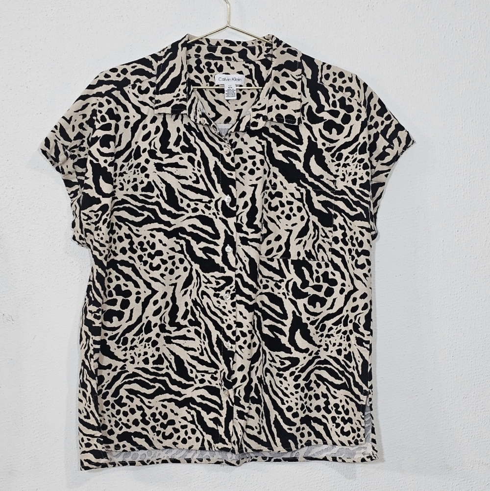Calvin Klein Womens Button-Down Blouse Sz L Animal Print Beige/black Boho